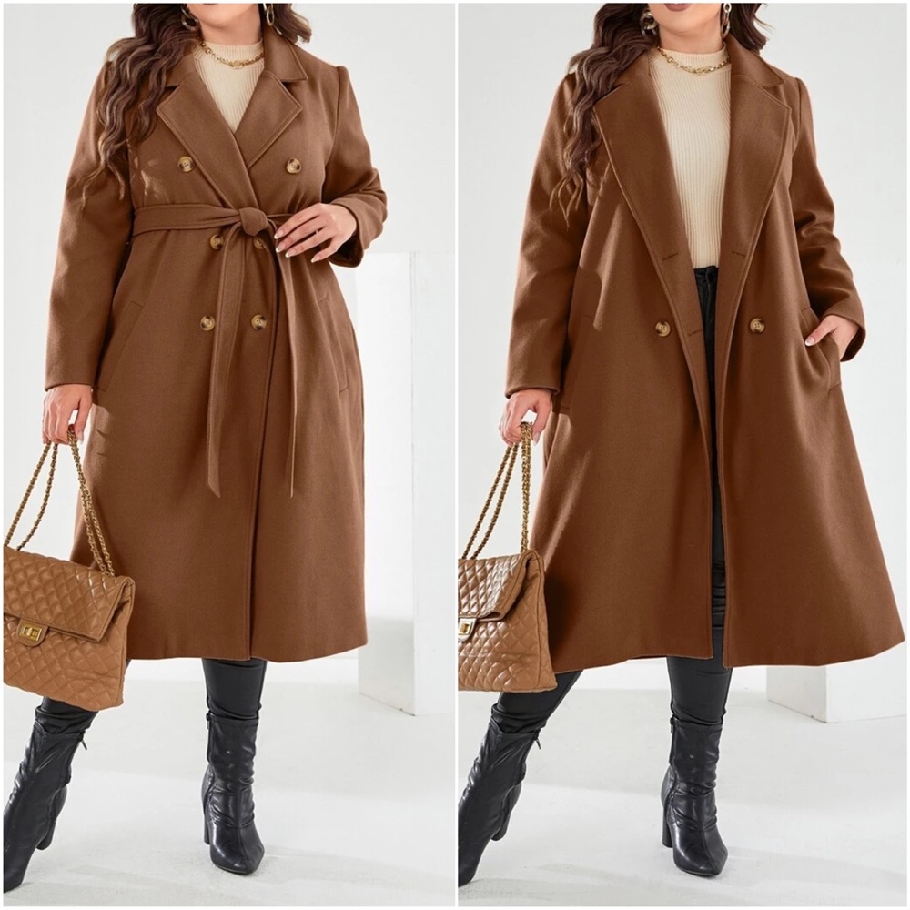 Plus Double Breasted Button up Belted Jacket Coat - Picture 4 of 9